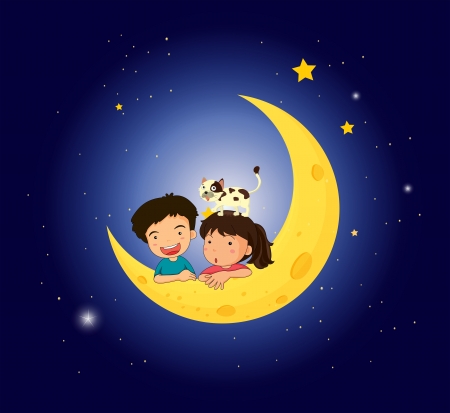 Illustration of the children on the moon with a catのイラスト素材