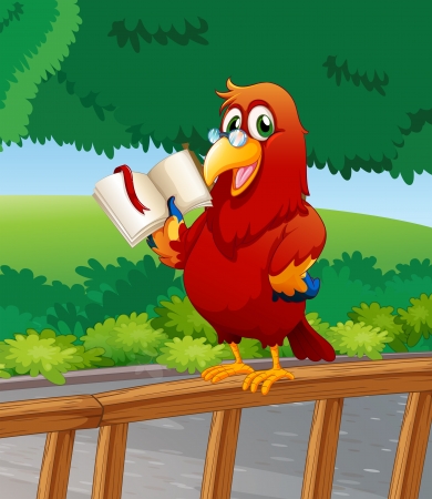 Illustration of a parrot reading a book above the wooden fenceのイラスト素材