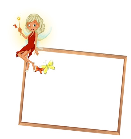 Illustration of a fairy with a red dress and an empty signboardのイラスト素材
