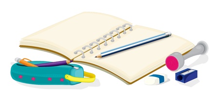 Illustration of an empty notebook, pencils, a pencil case, an eraser and a sharpener on a white background のイラスト素材