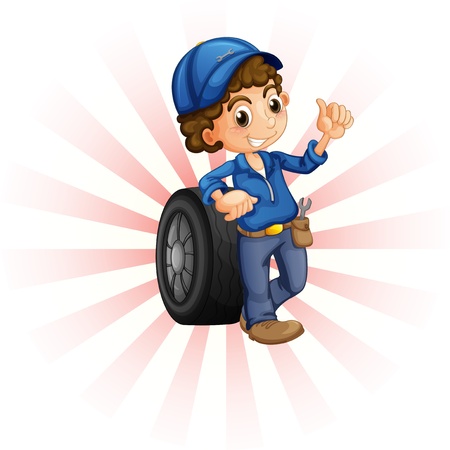 Illustration of a boy in front of a wheel with a blue cap on a white background のイラスト素材