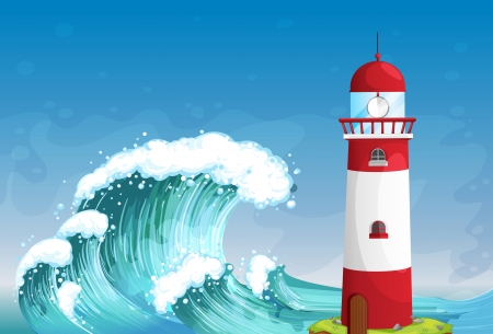 Illustration of a lighthouse in the middle of the sea with high wavesのイラスト素材