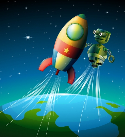 Illustration of a robot beside a spaceshipのイラスト素材