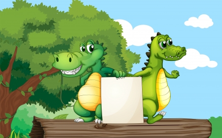 Illustration of the crocodiles at the top of a trunk holding an empty boardのイラスト素材