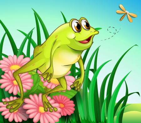 Illustration of a hungry frog at the gardenのイラスト素材