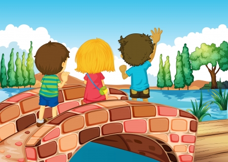 Illustration of the children at the bridgeのイラスト素材