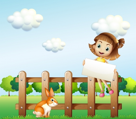 Illustration of a girl sitting on a wooden fence holding an empty signageのイラスト素材