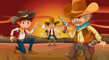 Illustration of the three scary cowboys at the desertのイラスト素材