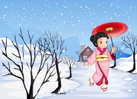 Illustration of a chinese girl holding an umbrella walking outside with snow のイラスト素材