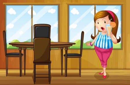 Illustration of a fat girl holding a juice inside the houseのイラスト素材