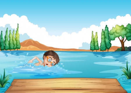 Illustration of a male swimmer rehearsing near the diving boardのイラスト素材