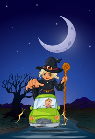 Illustration of a man chased by an old witch のイラスト素材
