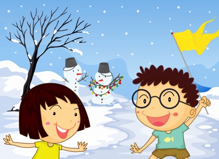 Illustration of a boy holding a flag and a girl cheering together outside with snow のイラスト素材