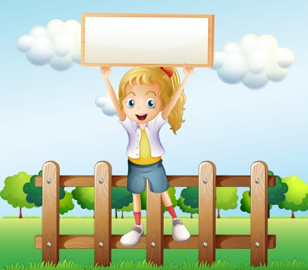 Illustration of a girl holding an empty frame standing above the fence のイラスト素材