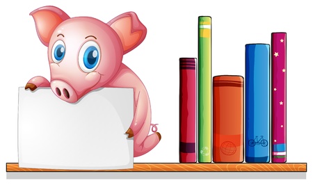 Illustration of a pig above a shelf holding an empty signboard on a white backgroundのイラスト素材
