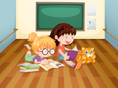 Illustration of the two girls reading books inside a roomのイラスト素材