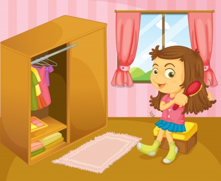 Illustration of a girl brushing her hair inside her room のイラスト素材