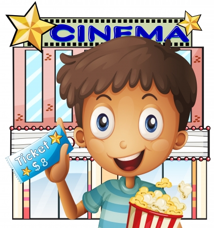 Illustration of a boy holding a pail of popcorn and a ticket outside the cinema on a white background のイラスト素材