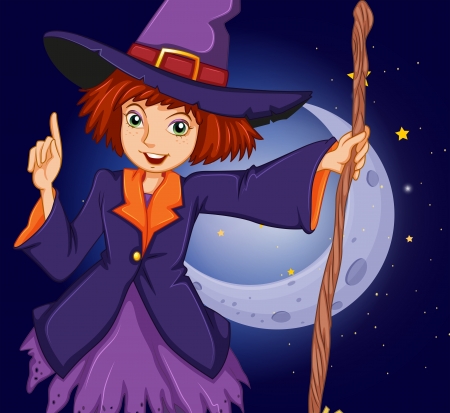 Illustration of a witch holding a stick in front of the crescent moonのイラスト素材