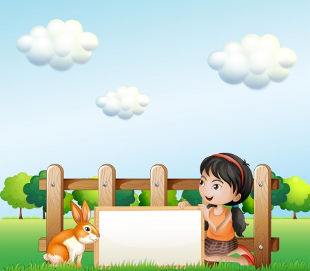 Illustration of a girl holding a framed banner near the fenceのイラスト素材