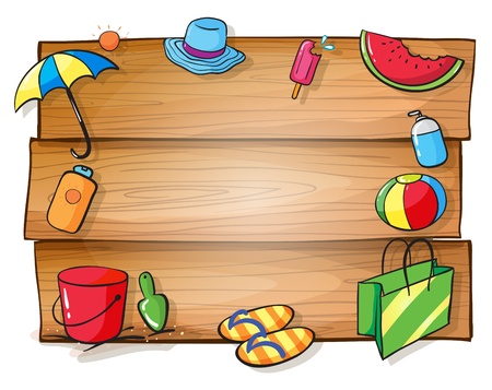 Illustration of a wooden signboard with the things needed for summer on a white backgroundのイラスト素材