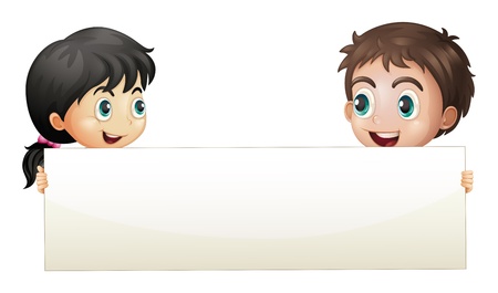 Illustration of a girl and a boy holding an empty banner on a white background のイラスト素材