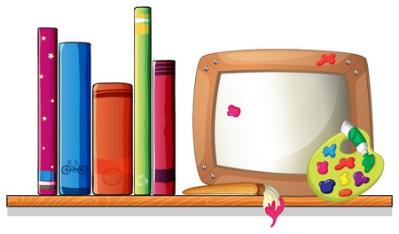 Illustration of a wooden shelf with books and a board on a white backgroundのイラスト素材