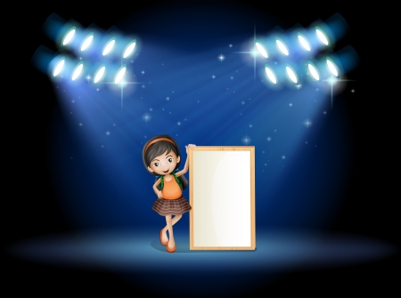 Illustration of a stage with a young girl holding an empty signboardのイラスト素材