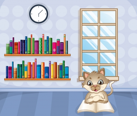 Illustration of a cat reading a book inside the houseのイラスト素材