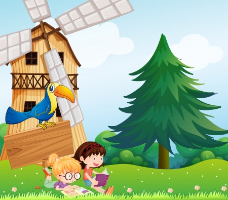 Illustration of the girls reading near the empty signboard with a bird at the topのイラスト素材