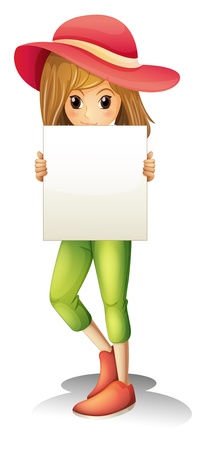 Illustration of a girl wearing a hat holding an empty signage on a white background のイラスト素材