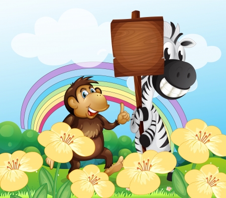 Illustration of a monkey and a zebra at the garden with an empty boardのイラスト素材