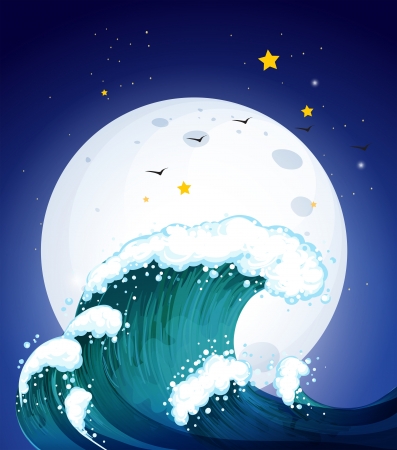 Illustration of the moon and the wavesのイラスト素材