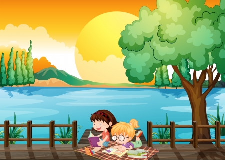 Illustration of the two girls studying at the wooden bridgeのイラスト素材