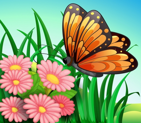 Illustration of a big orange butterfly at the gardenのイラスト素材