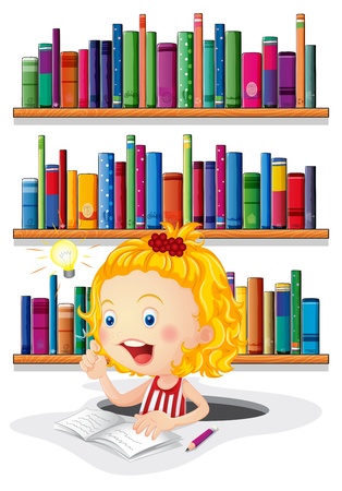 Illustration of a girl studying in front of the bookshelves on a white background のイラスト素材