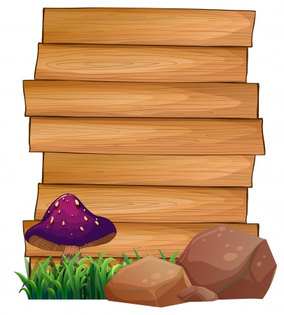 Illustration of the wooden signboards with a mushroom and rocks at the bottom on a white backgroundのイラスト素材