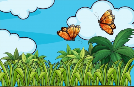 Illustration of the butterflies flying in the gardenのイラスト素材