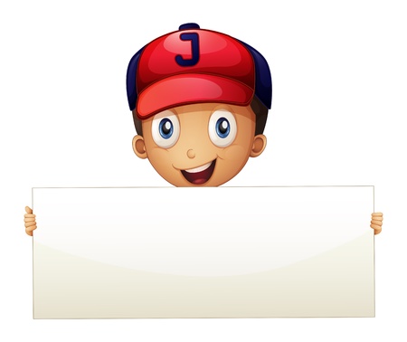 Illustration of a happy young boy holding an empty signboard on a white background のイラスト素材