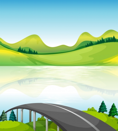 Illustration of a road bridge near the lakeのイラスト素材