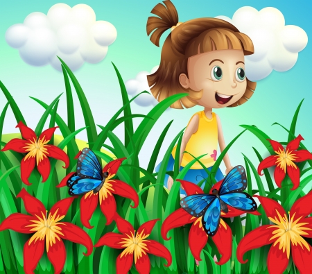 Illustration of a small girl at the flower garden with butterfliesのイラスト素材