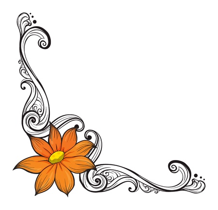 Illustration of a border with an orange flower on a white background のイラスト素材
