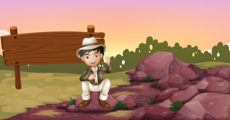 Illustration of a boy sitting on a rock near an empty signboardのイラスト素材