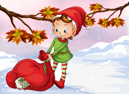 Illustration of an elf holding a bag of gifts のイラスト素材