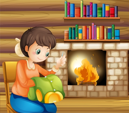 Illustration of a woman sewing near the fireplaceのイラスト素材