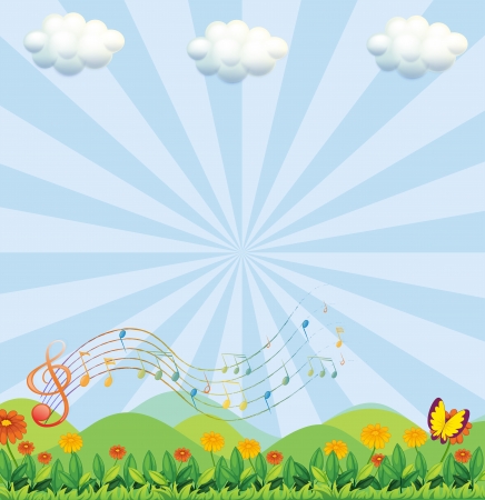 Illustration of a garden near the hills with a butterflyのイラスト素材