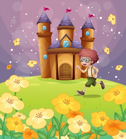 Illustration of a boy running in front of the castle with flowers のイラスト素材