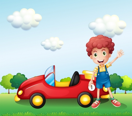Illustration of a boy waving his hand beside a car のイラスト素材
