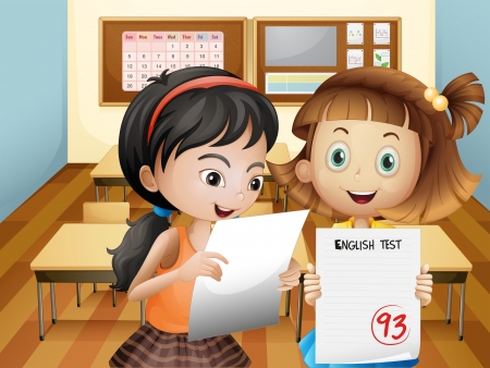 Illustration of the two girls holding their exam resultsのイラスト素材