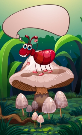 Illustration of an ant with an empty callout standing above a mushroomのイラスト素材